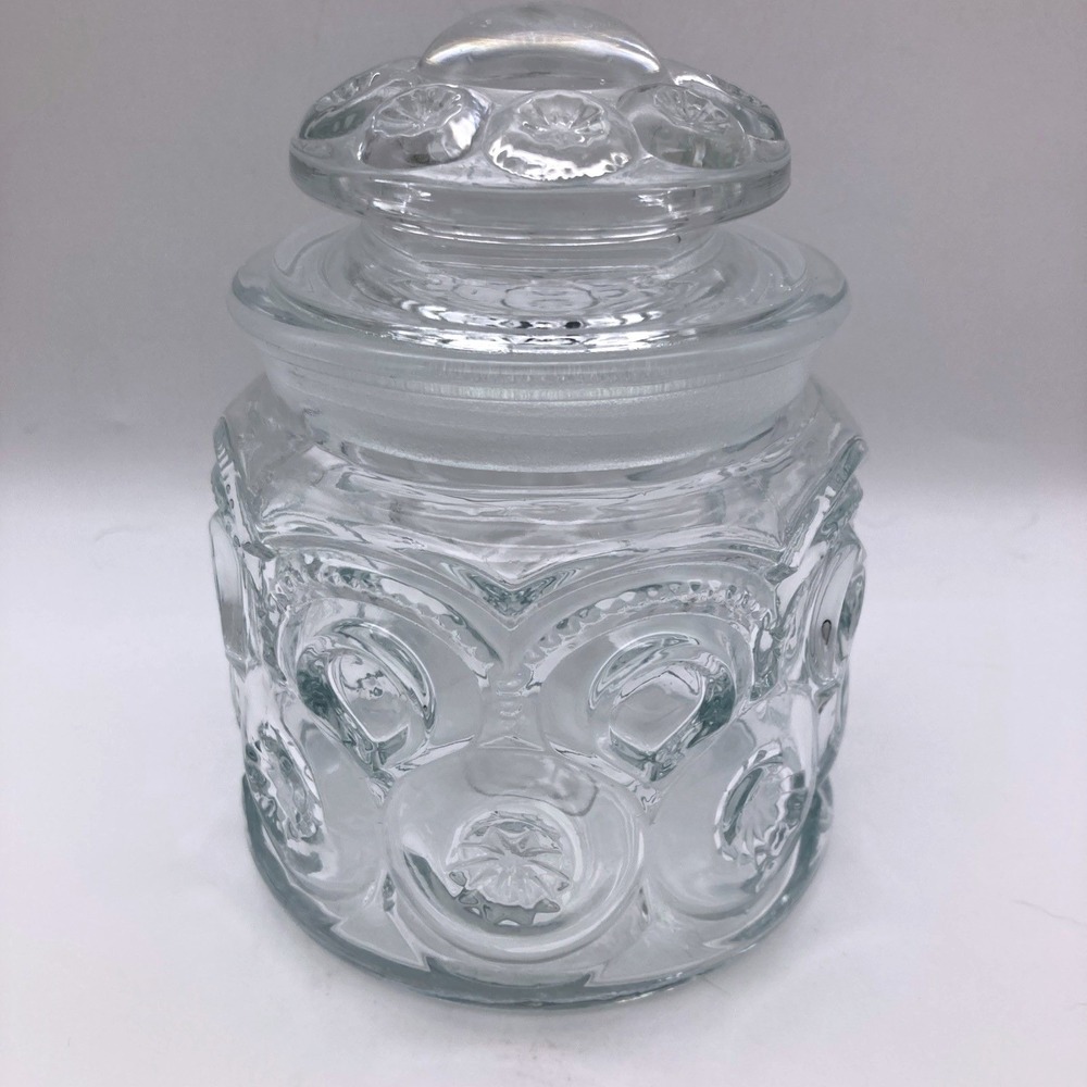 Vintage LE Smith Moon And Stars Clear Glass Canister Jar w/lid 5" 1970's